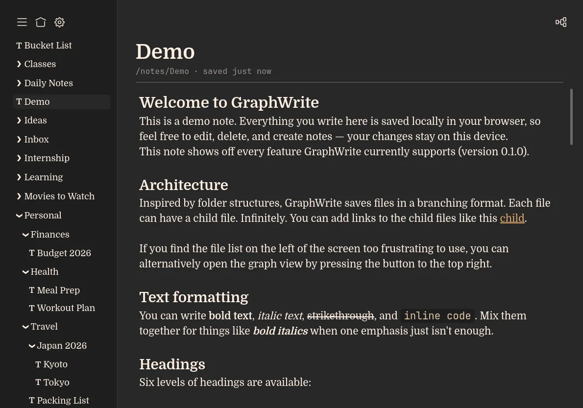 GraphWrite editor: the note tree in the sidebar and a note being written in live-preview markdown